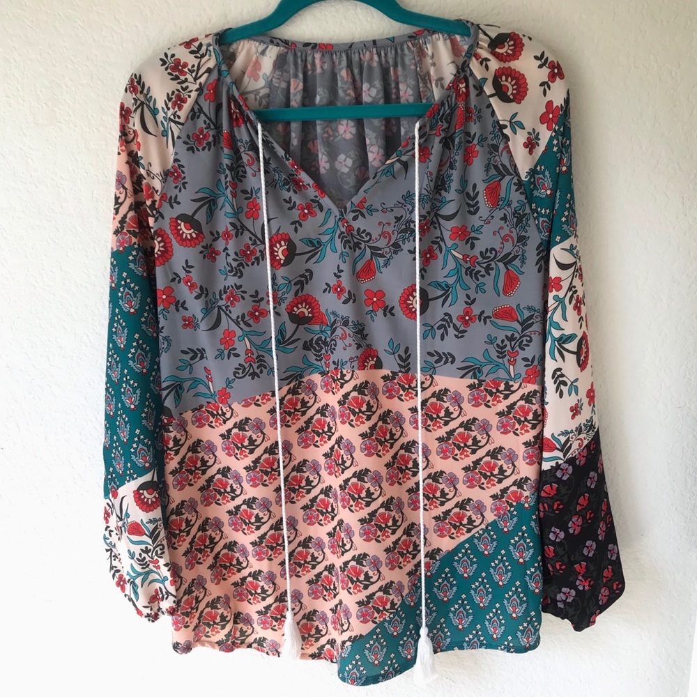 Boho Drawstring Patchwork Blouse - Picture 2 of 2